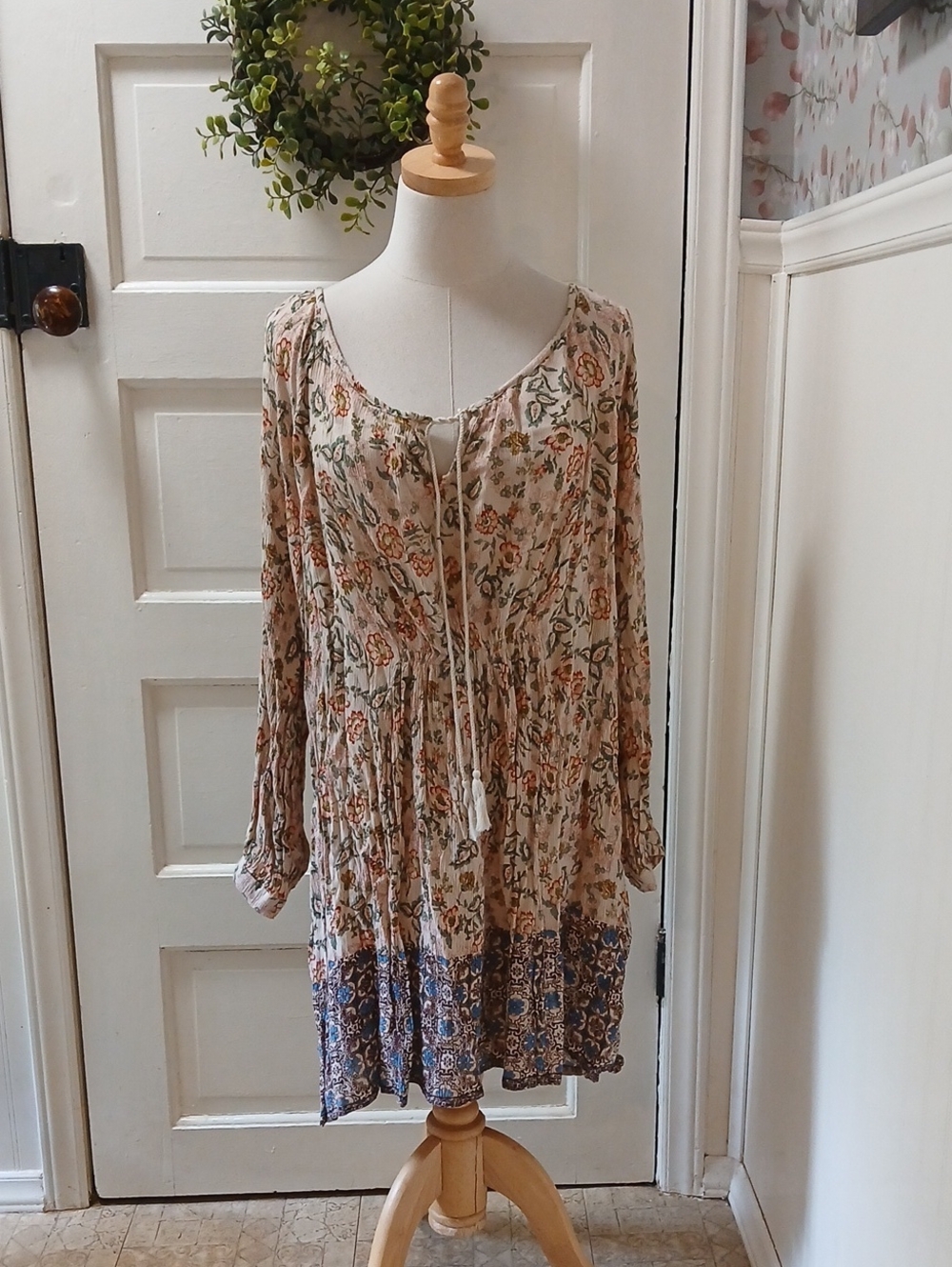 Boho Floral Cream Peasant Dress with Blue Border